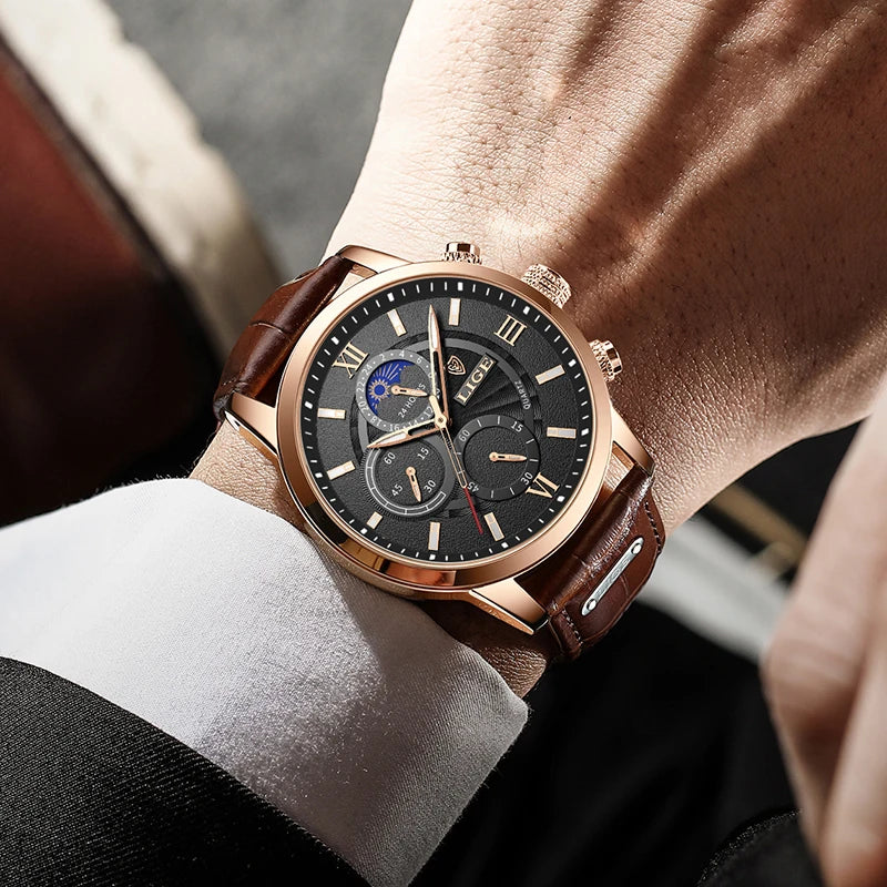 Montre LIGE Homme Quartz Cuir Étanche 2024 (DS)