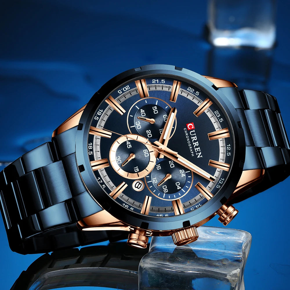 Montre Curren pour hommes - Cadran bleu - Chronographe - Bracelet acier inoxydable (DS)