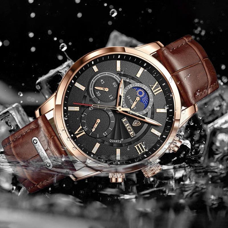 Montre LIGE Homme Quartz Cuir Étanche 2024 (DS)