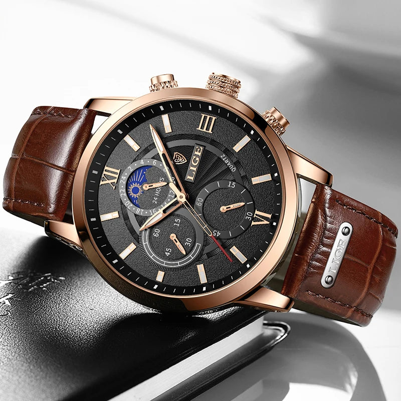 Montre LIGE Homme Quartz Cuir Étanche 2024 (DS)