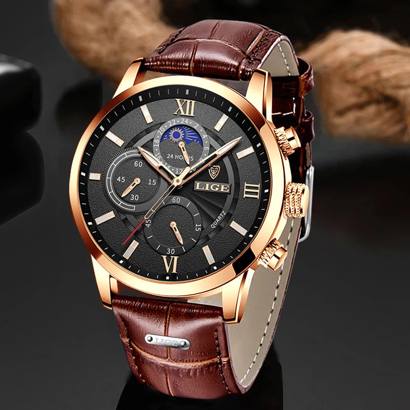 Montre LIGE Homme Quartz Cuir Étanche 2024 (DS)