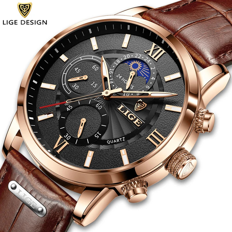 Montre LIGE Homme Quartz Cuir Étanche 2024 (DS)