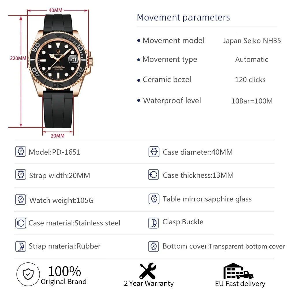 PAGANI DESIGN Montre Mécanique Homme - Luxe Saphir Automatique Étanche (DS)