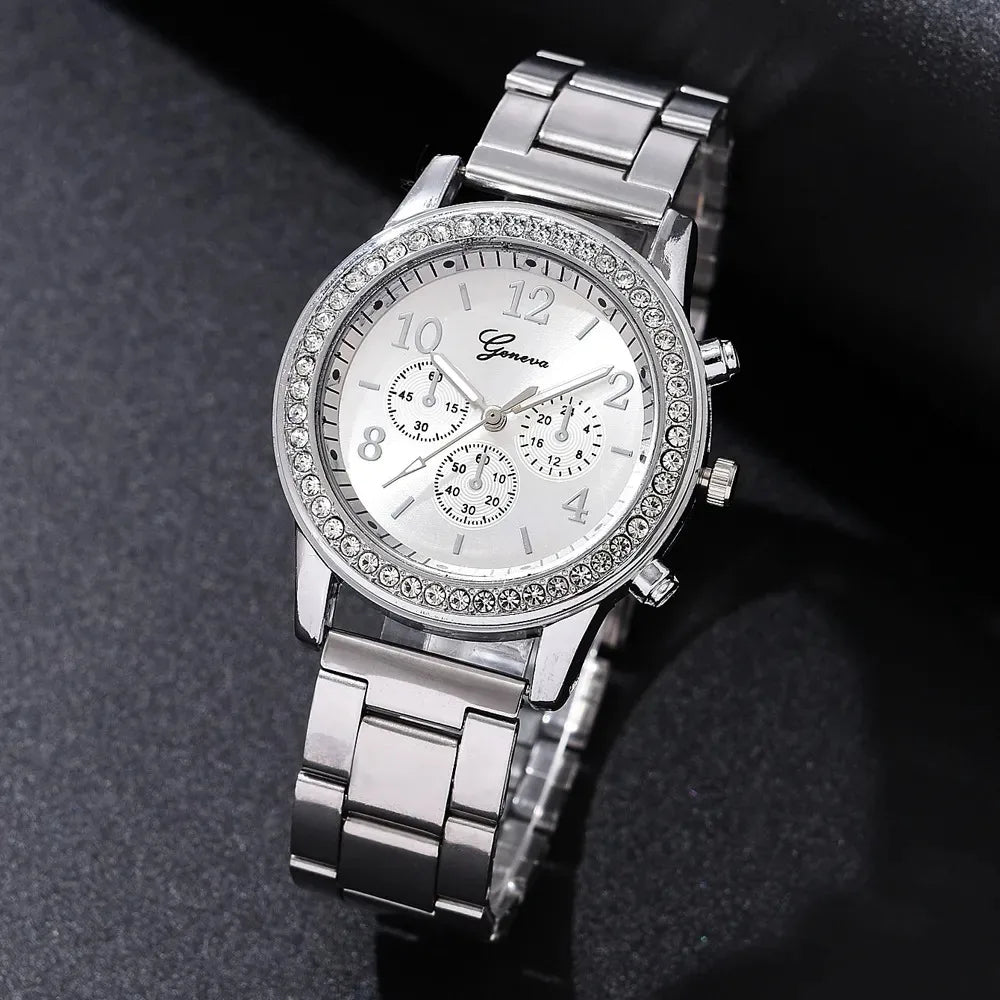 Montre de Luxe RUNER pour Femmes avec Bijoux en Pierres de Rhin - 6 Pièces