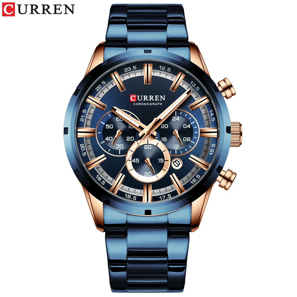 Montre Curren pour hommes - Cadran bleu - Chronographe - Bracelet acier inoxydable (DS)