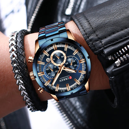 Montre Curren pour hommes - Cadran bleu - Chronographe - Bracelet acier inoxydable (DS)