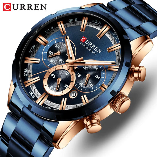 Montre Curren pour hommes - Cadran bleu - Chronographe - Bracelet acier inoxydable (DS)