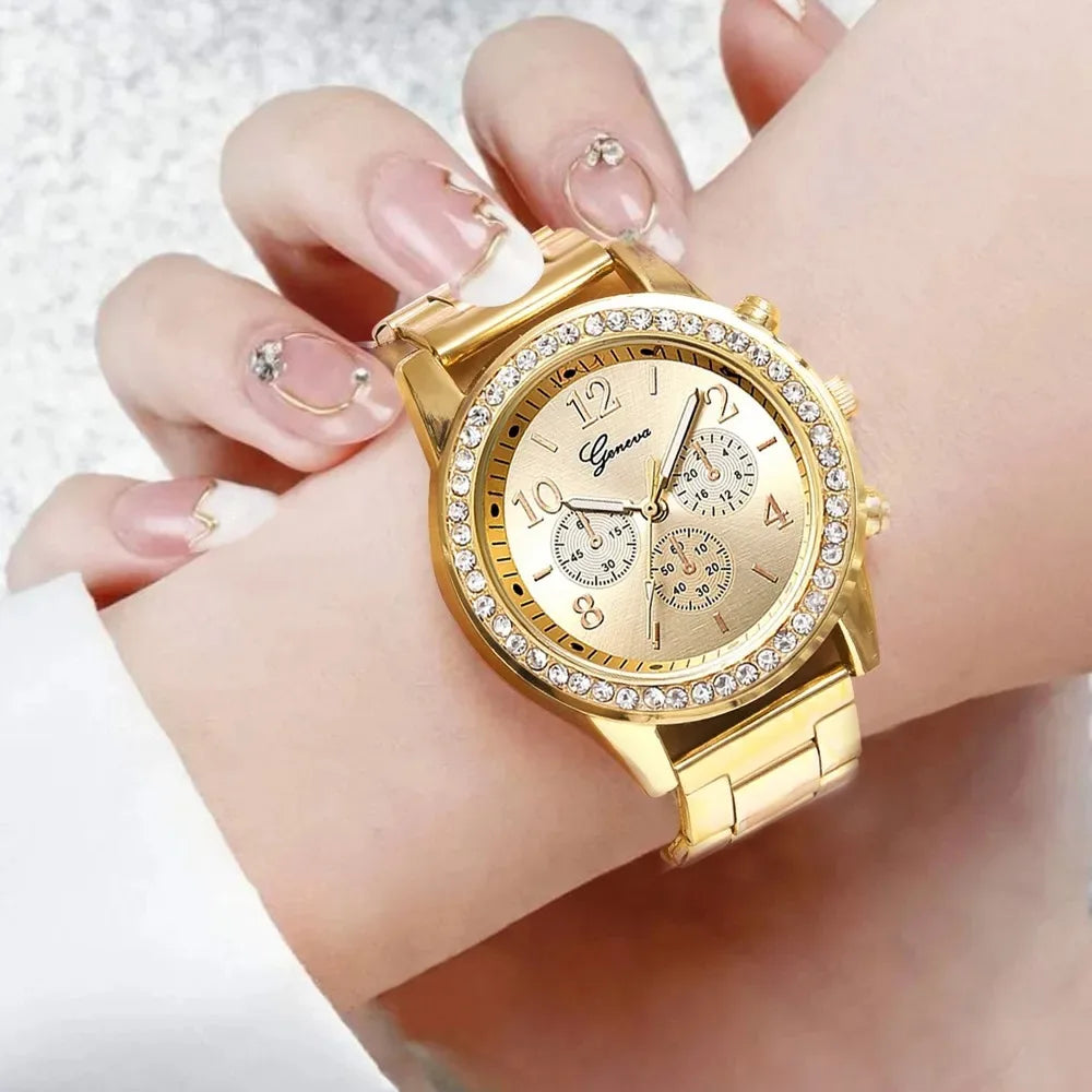 Ensemble de Montre de Luxe RUNERR pour Femmes avec Bijoux en Pierres de Rhin - 6 Pièces